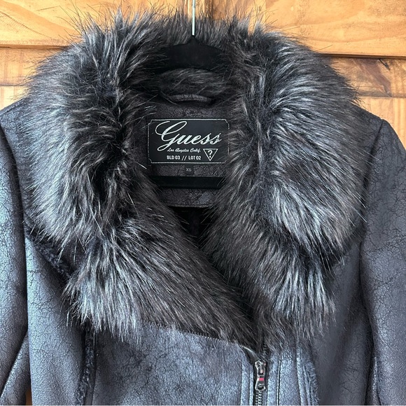 Vintage 90's Y2K Guess Black Moto Bike Jacket Faux Fur Faux Leather Mob Wife XS - Picture 3 of 10